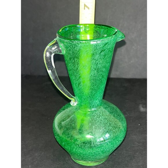 Green Handblown Glass Pitcher Clear Applied Handle 6.5" Tall Vintage Vase - Picture 4 of 6